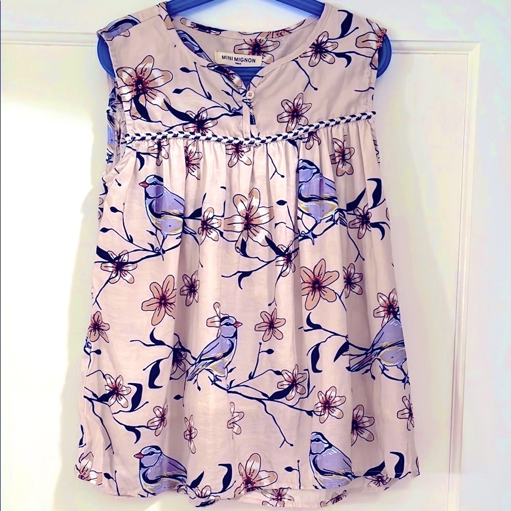 Girls from Mini Mignon Paris Floral Bird Print Sleeveless Top